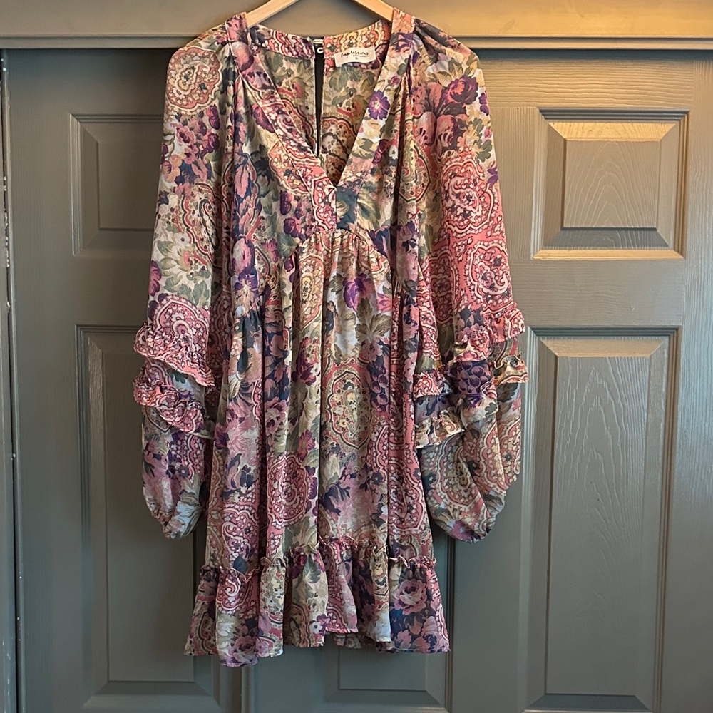 Floral Paisley Boho Tunic Dress - Pink, Purple & Cream